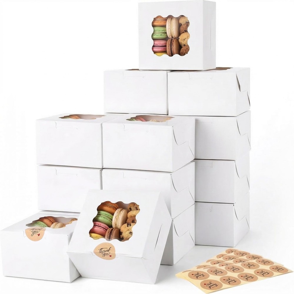 50pcs Cookie Boxes 4x4x2.4 Inches White Bakery Boxes with Window, Mini Cake C...