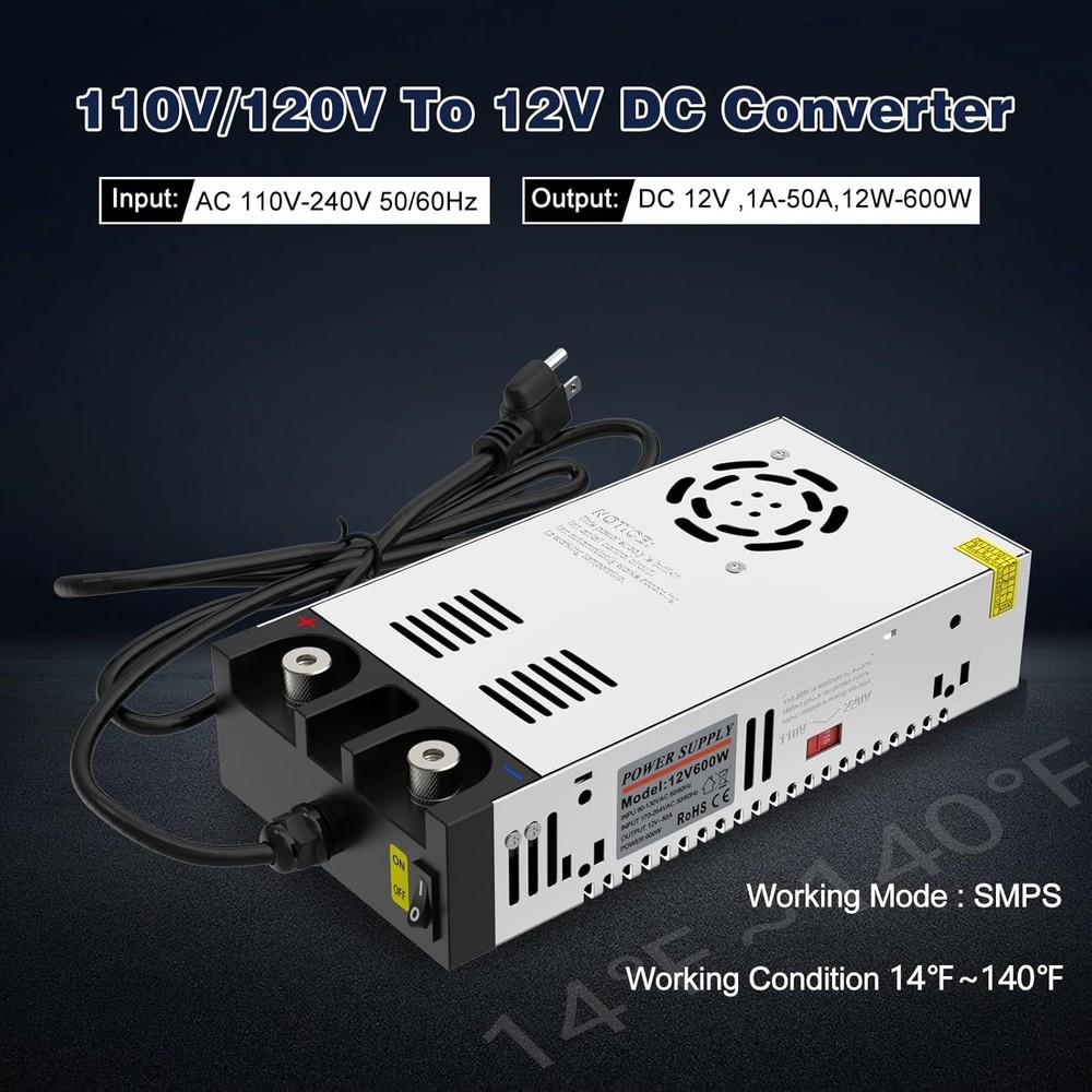 Versatile 600W AC to DC Converter, 110V/220V Input, 12V Adjustable Output