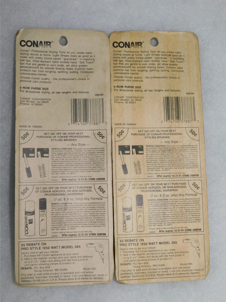 2 RETRO CONAIR LIGHT STRIPES BRUSHES ORIGINAL PACKAGES