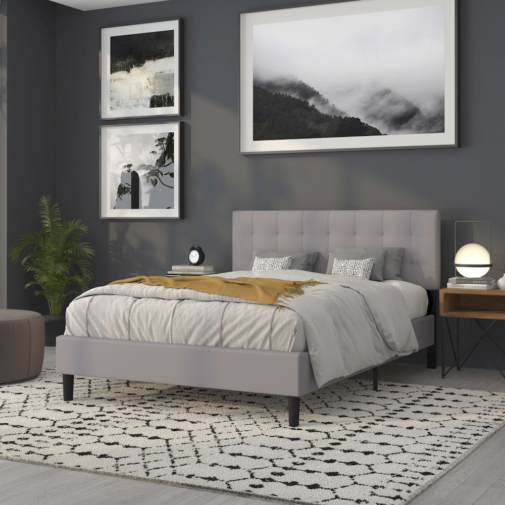 Tufted Upholstered Queen Size Headboard in Light Gray Fabric