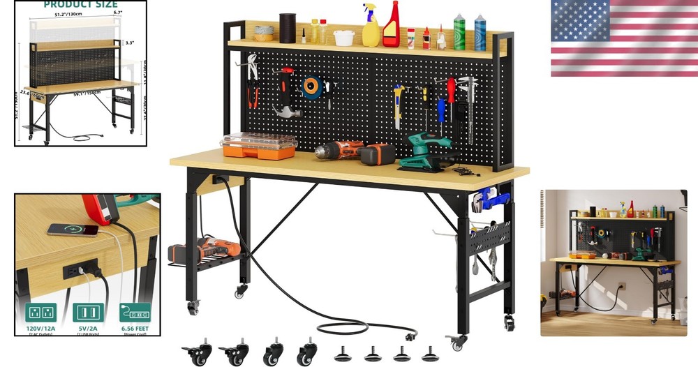60” Adjustable Heavy-Duty Workbench with Pegboard & Wheels – 1600 LB Capacity