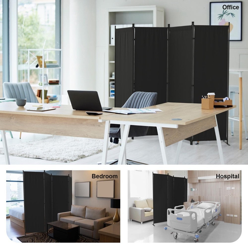 Black 4 Panel Folding Privacy Screen 88" Room Divider Panel For Office Bedroom