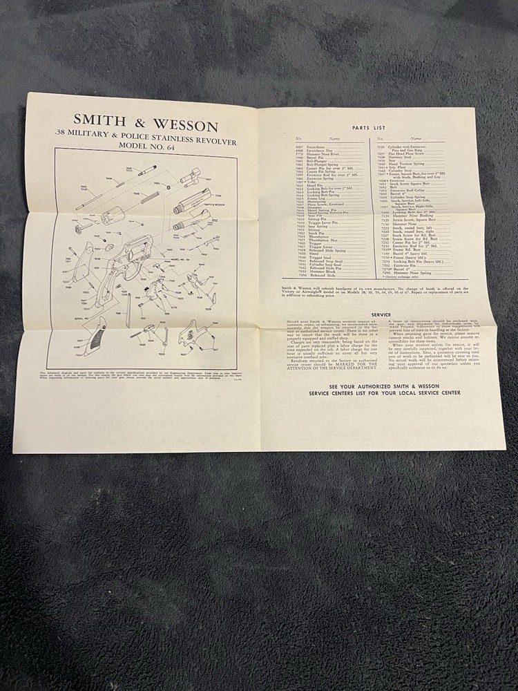 Factory Original Smith & Wesson Model 64 Manual S&W