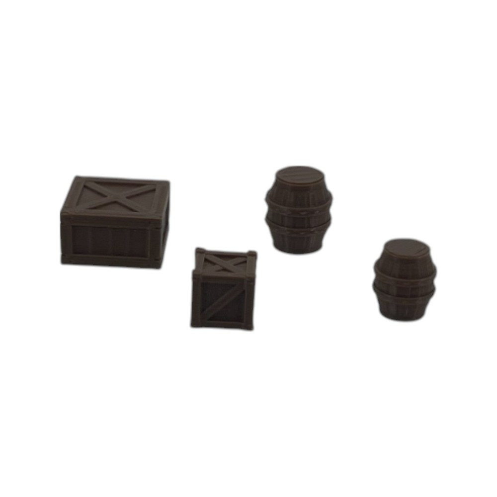 Large Barrels (8) & Crates (8) - N Scale - Brown