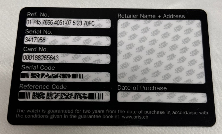 Oris Guarantee Card