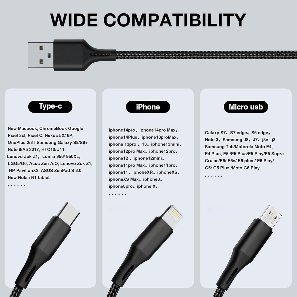 3 in 1 Fast USB Charging Cable Universal Multi Function Cell Phone Charger Cord