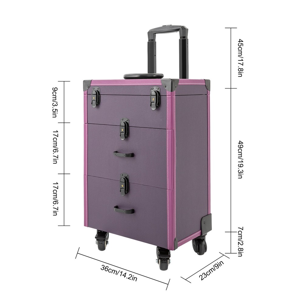 Professional Makeup Train Case Travel Makeup Trolley Rolling Cosmetic Case +Keys