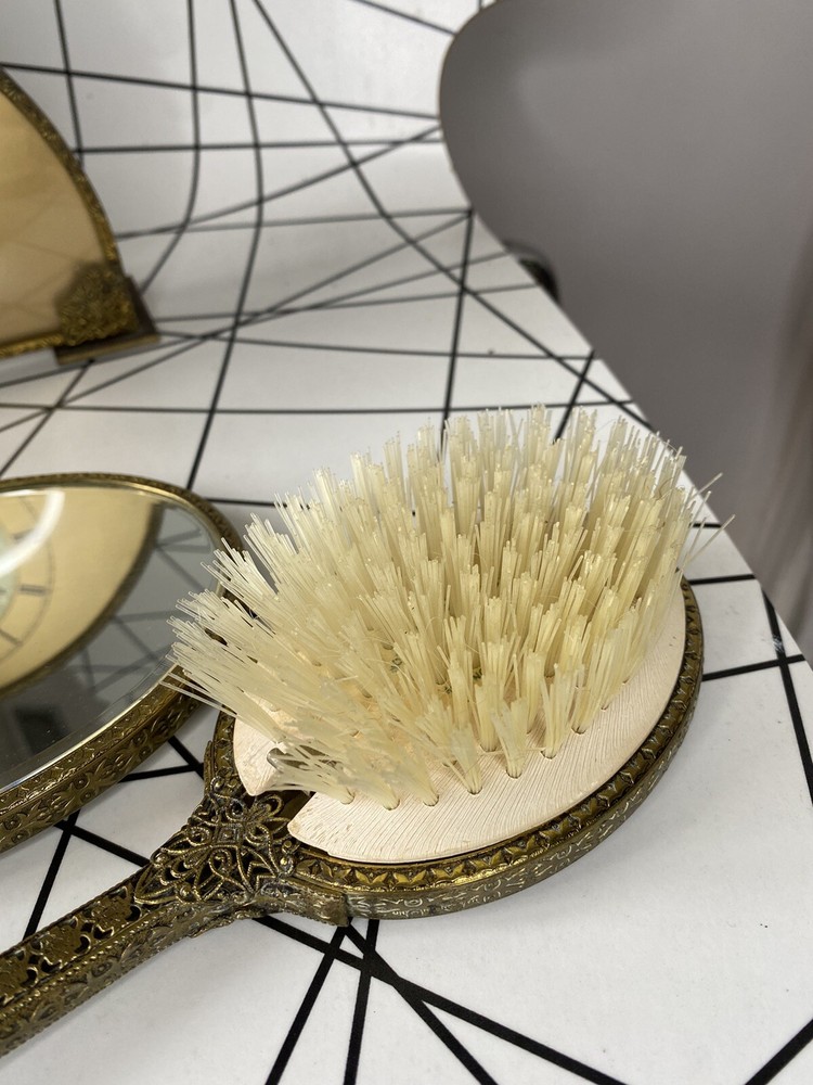 VINTAGE BRASS FILIGREE + PETIT POINT EMBROIDERED Dressing Table CLOCK