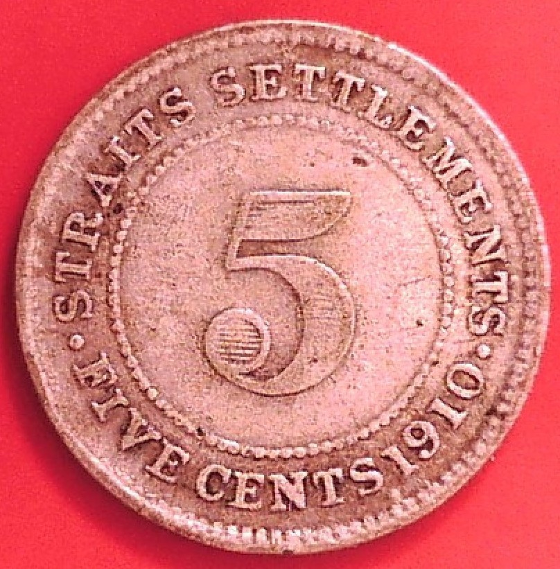 STRAITS SETTLEMENTS /  SILVER 5 FIVE CENTS 1910