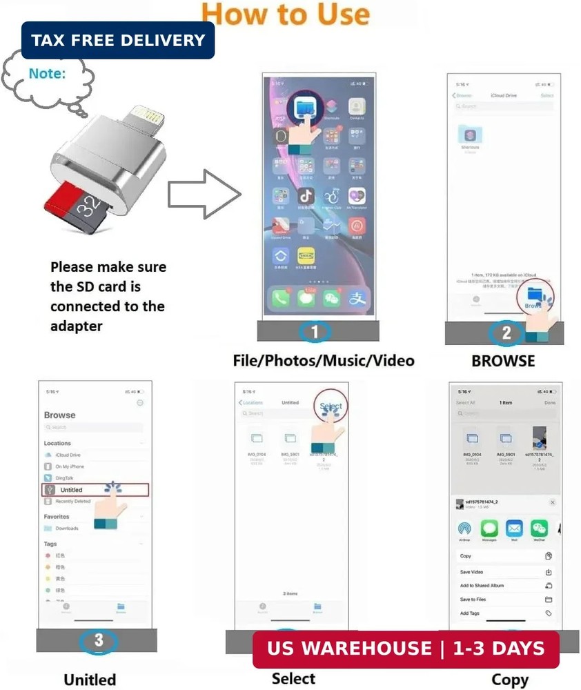 Apple MFi Certified Lightning to Micro SD Card Reader for iPhone, iPad - Support