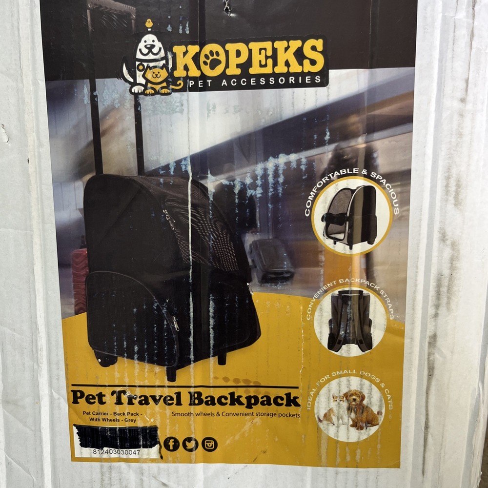 KOPEKS Pet Carrier Backpack with Wheels – Grey, Medium, Travel-Friendly