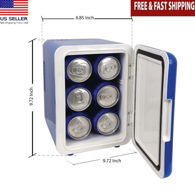 Blue Portable 6-Can Mini Fridge Drinks & Snacks Quiet Cooling Technology New