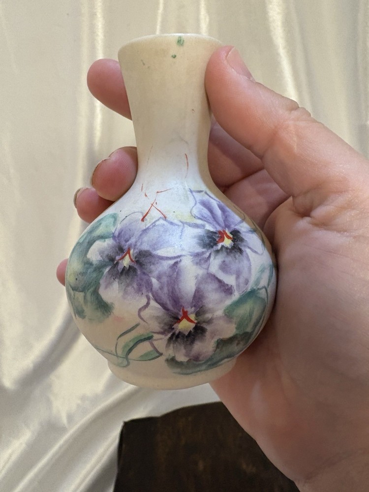 Hand Painted Ceramic Signed Floral Vase 4” tall