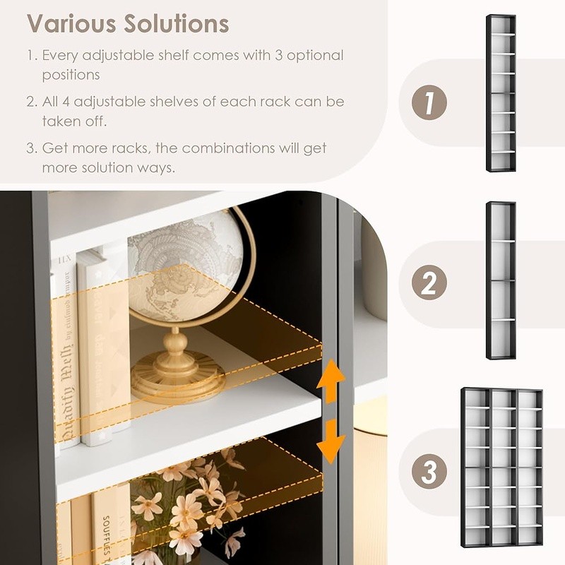 Media Storage Tower Adjustable DVD CD Bookshelf Compact Display Rack Home Office
