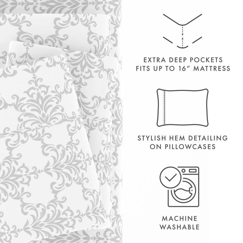 Premium Ultra Soft 4-Piece Light Gray Soft Bouquet Pattern Microfiber California