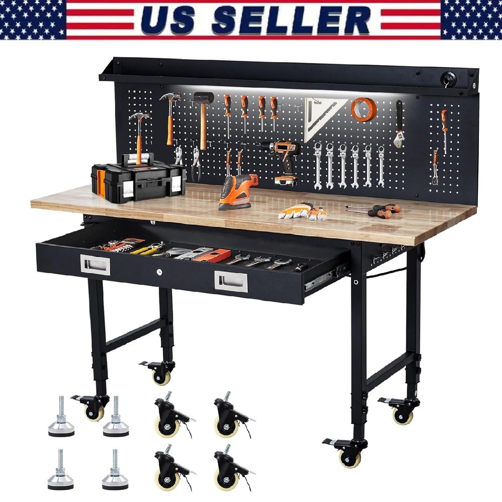 60" Adjustable Workbench ,Heavy Duty Garage Work Table with Pegboard and Drawer