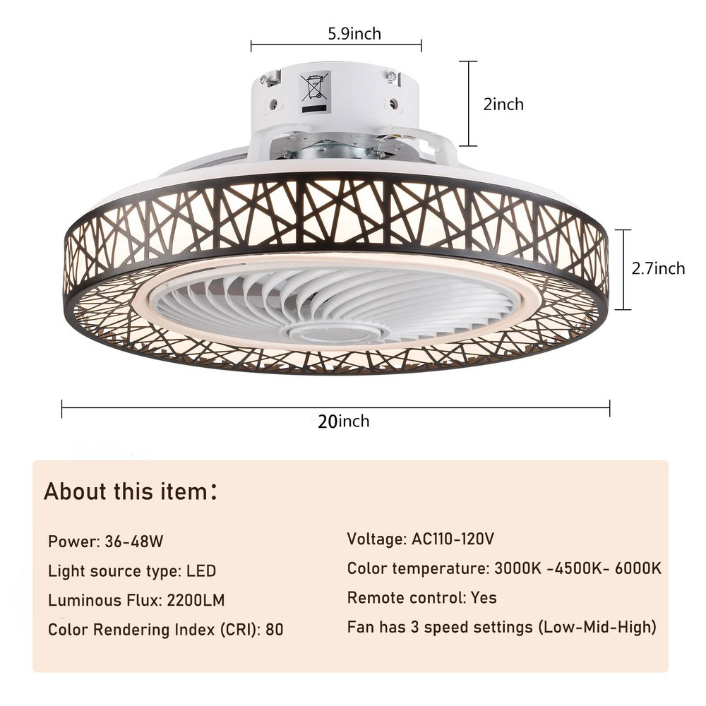 LED Invisible Ceiling Fan Light Dimmable Chandelier Fan Lamp with Remote Control
