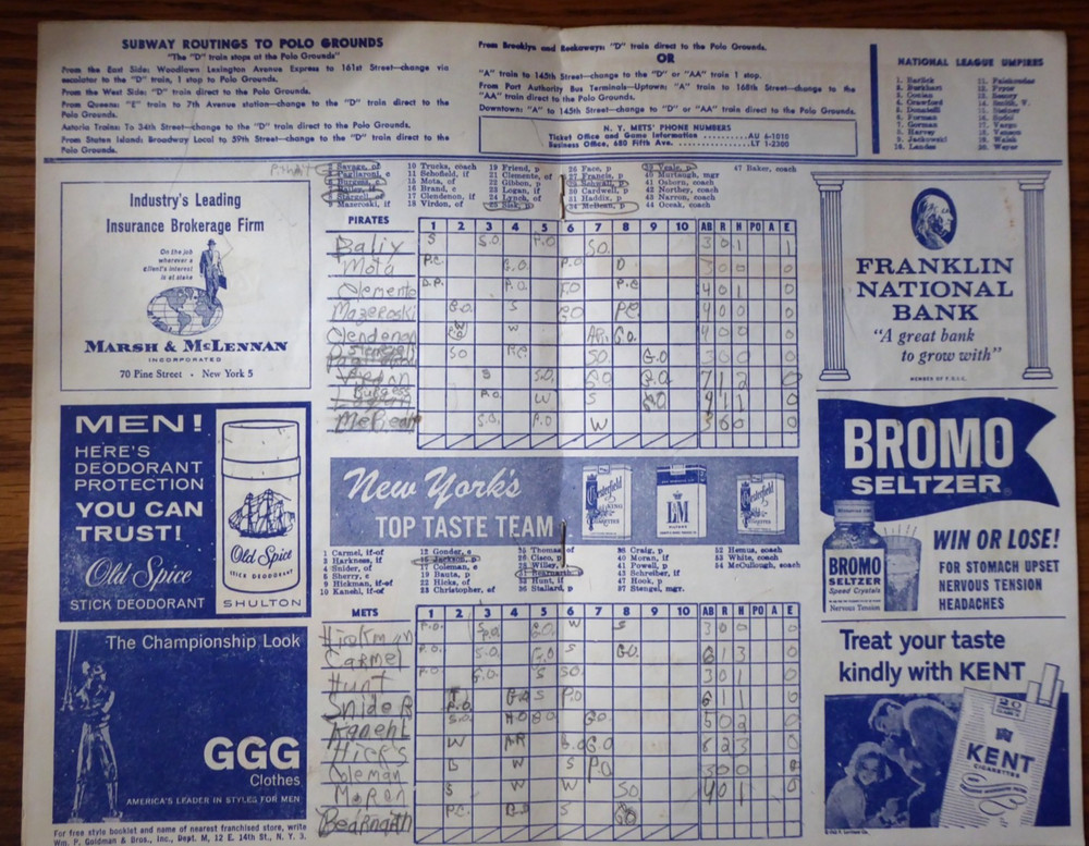 1963 N.Y. Mets vs Pitt. Pirates MLB Program Scorecard Roberto Clemente D.Snider