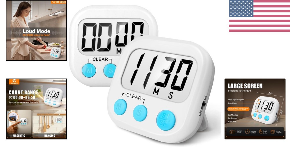 Cooking Timers 2 Pack with Loud Buzzer & Memory Function - Stylish White Design