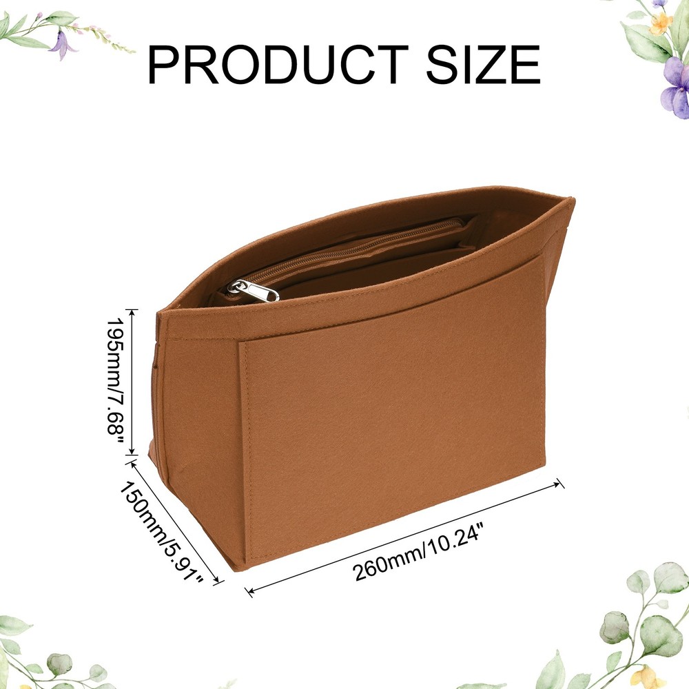 Purse Organizer Insert, Medium Felt Handbag Organizer with Zipper, Brown