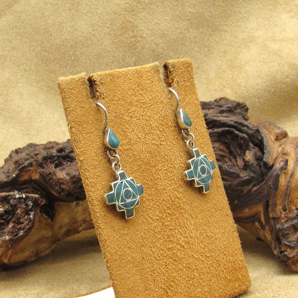 950 Silver Chip Inlay Turquoise Wire Dangle Earrings