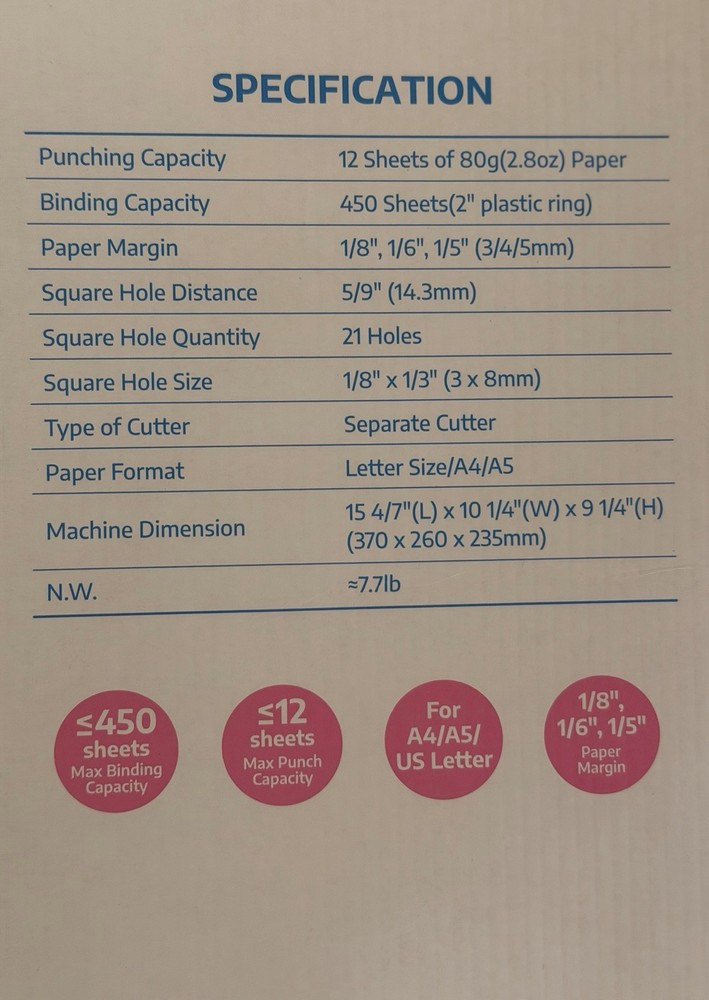 Offnova 21-Hole 450 Sheets Paper Comb Binding Machine Letter Size