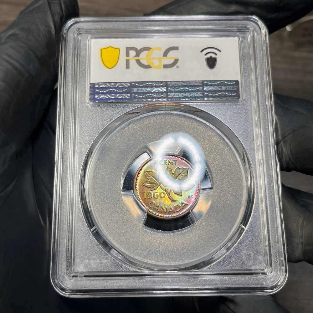 PL64BN 1960 1C Canada Maple Leaf Proof Cent, PCGS Trueview- Rainbow Toned