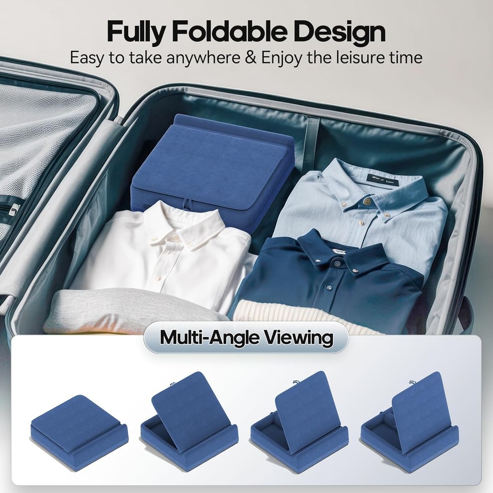 KDD Tablet Pillow Stand with Storage, Foldable iPad Holder for Lap, Dark Blue