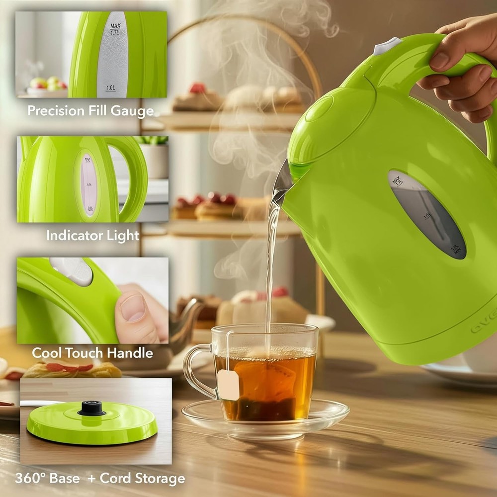 1.7L Fast Boiling Green Electric Kettle with Safety Features & Removable Filter