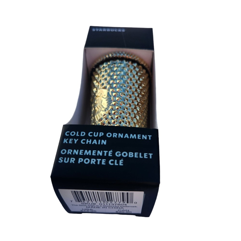 Starbucks Cold Cup Ornament Key Chain Gold Diamond Pattern