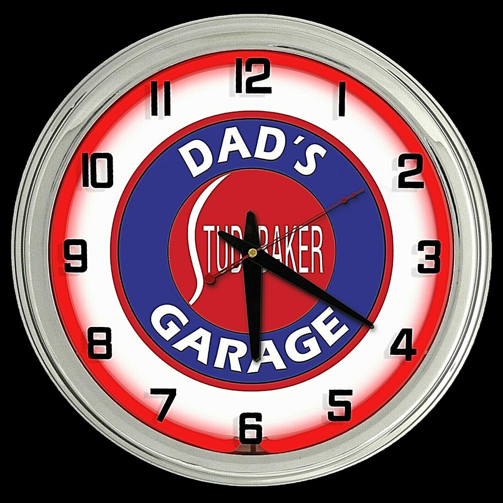 16" Dad's Studebaker Garage Sign Red Neon Clock Chrome Man Cave Garage