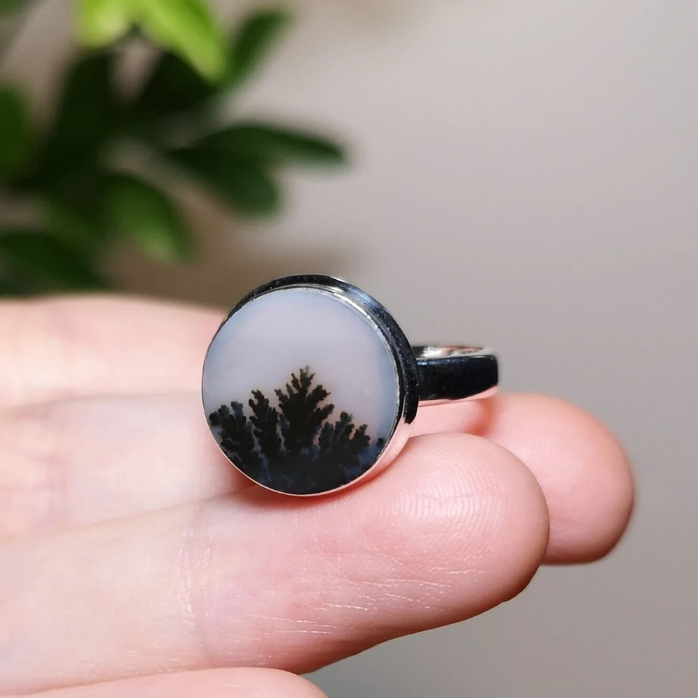 scenic Dendritic Agate Sterling Silver Ring US size 8.75
