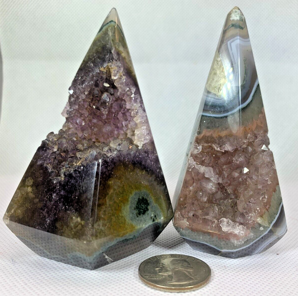 AMETHYST PYRAMID POINTS WITH OPEN CAVES OF CRYSTAL POINTS - NEW DESIGN CUT