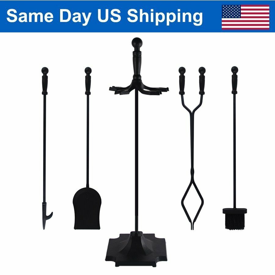 5PCS 26" Hearth Tool Fireplace Set Fire Tools Set Black Home 32" Pedestal Base