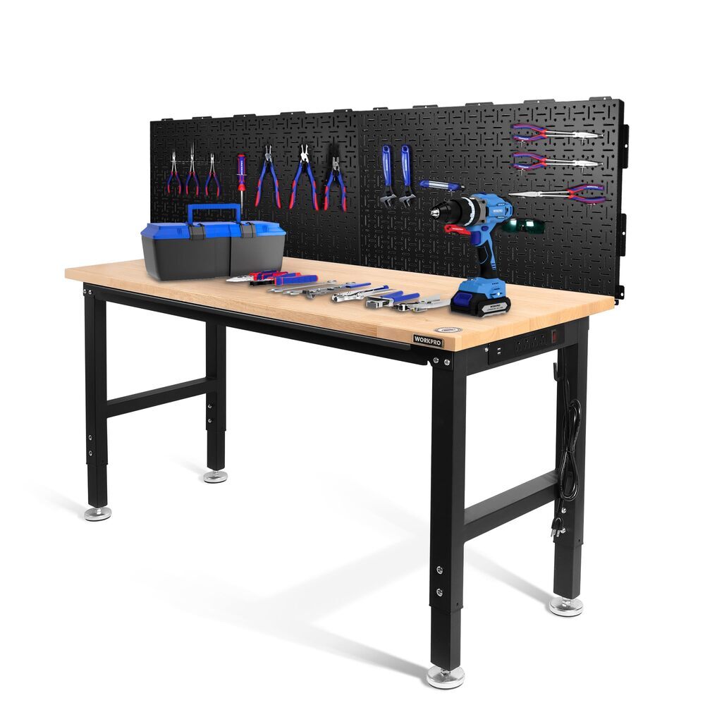 WORKPRO 60" Adjustable Workbench & 2 Pack Metal Pegboard Rubber Wood Workstation