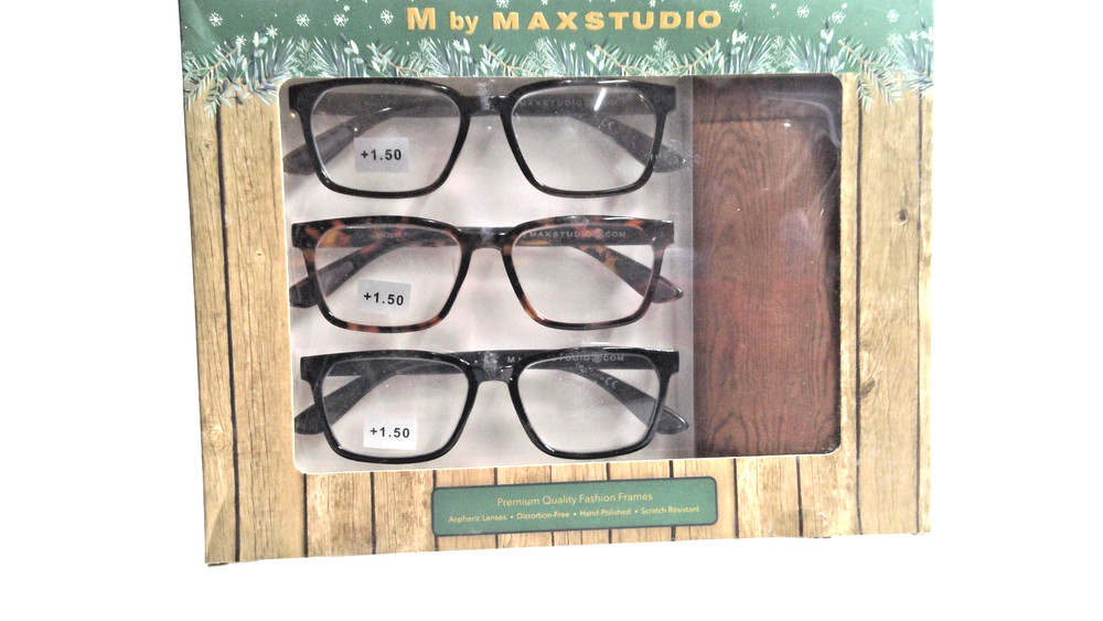 M By Maxstudio Reading Glasses 3 Pair Set +1.50 Square Case Unisex Multicolor