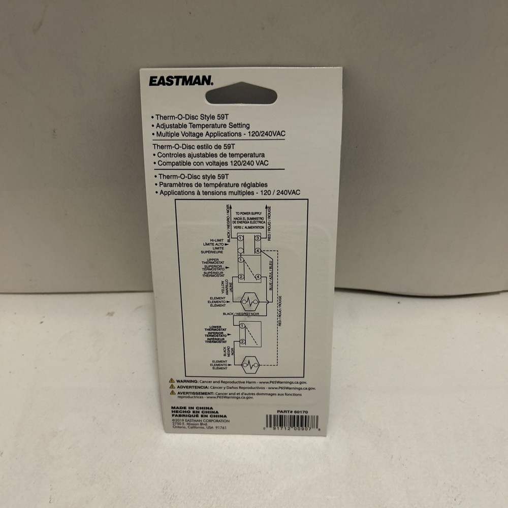 Eastman Lower Element Thermostat for Water Heaters 60170, Therm O Disc Style