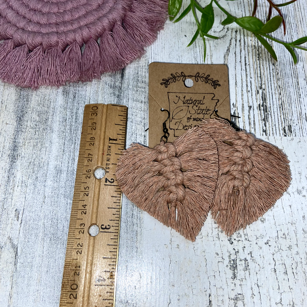Handmade Boho Macrame Feather Leaf Dangle Earrings Tan