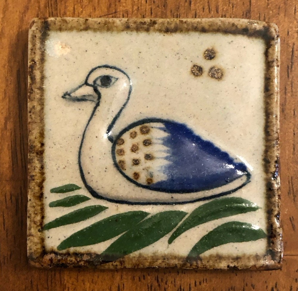 Glazed Pottery Ceramic Small Tile Duck Signed Mex 2.5 In