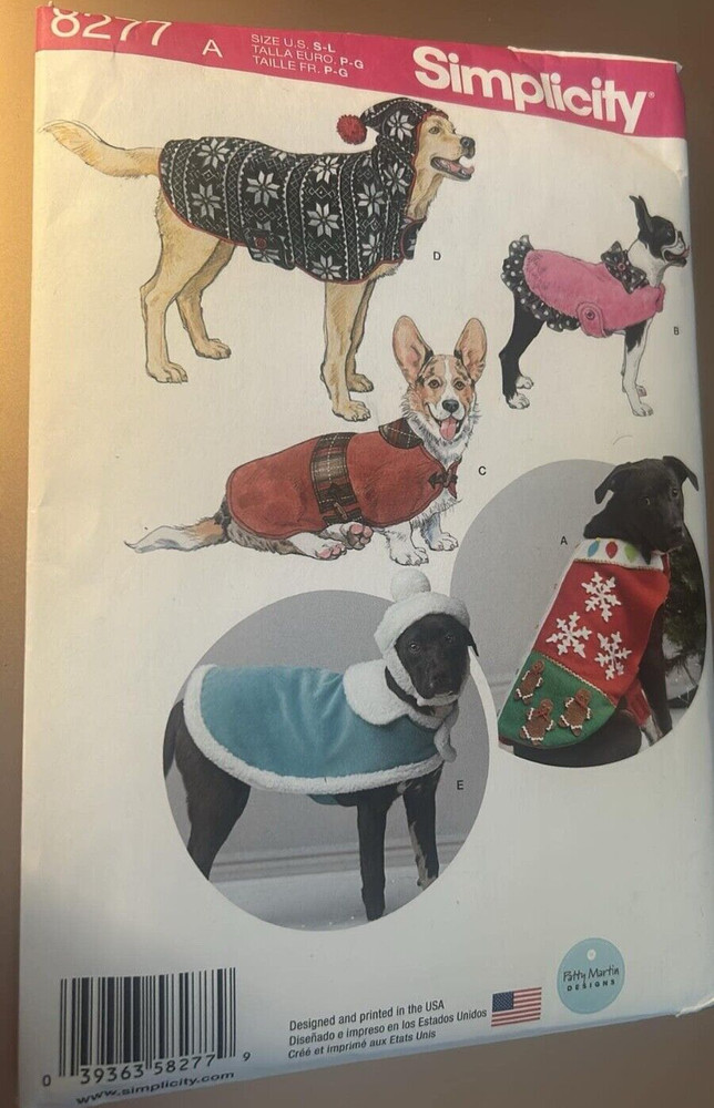 Simplicity Pattern 8277 Three Sizes,  Dog Coats and Hats Sewing Pattern UNCUT