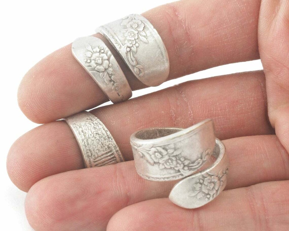 Spoon Wrap Ring Flower Adjustable Antique Silver Plated Brass 7us 4061