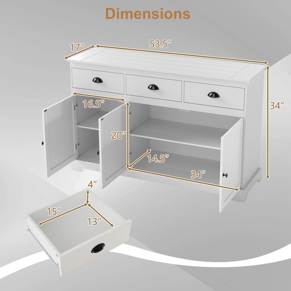 3 Drawers Sideboard Buffet Table Storage Console Cabinet Entryway Cupboard White