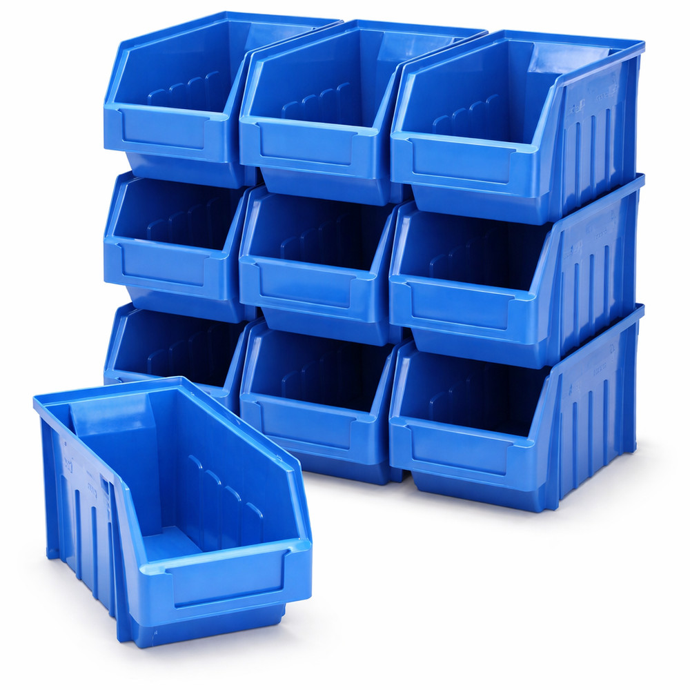 10 Large Blue Stackable Open Front Storage Bins – Garage & Workshop Parts Boxes