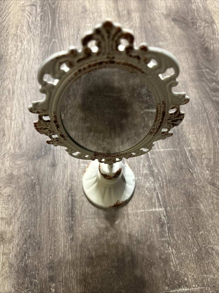 Victorian Tabletop Mirror, White, Brown, 5.5" Width x 3.5" Depth x 12" Tall