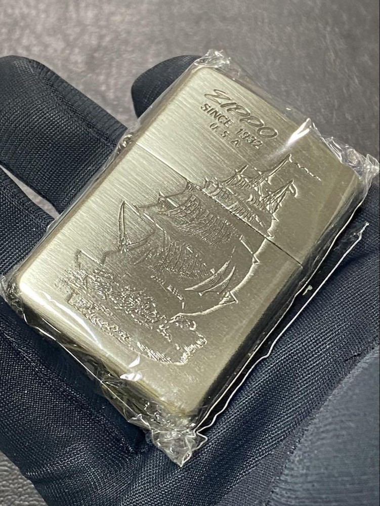 Zippo Sailing Ship Silver Etching One Sided Processing Lighter Regular Japan