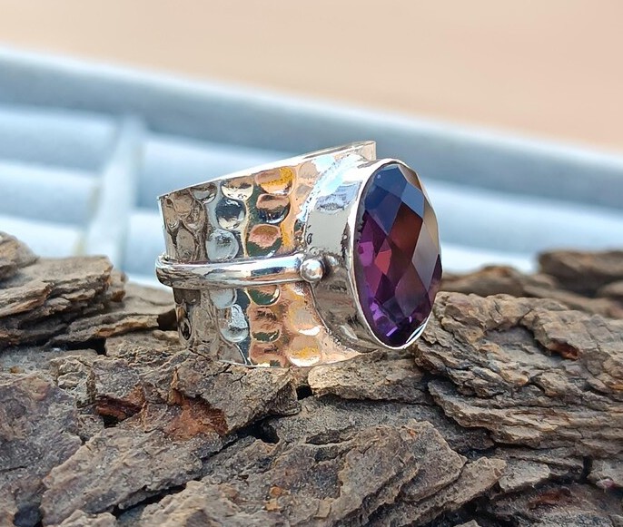Solid 925 Sterling Silver Natural Amethyst Gemstone Hammered Wide Band Boho Ring