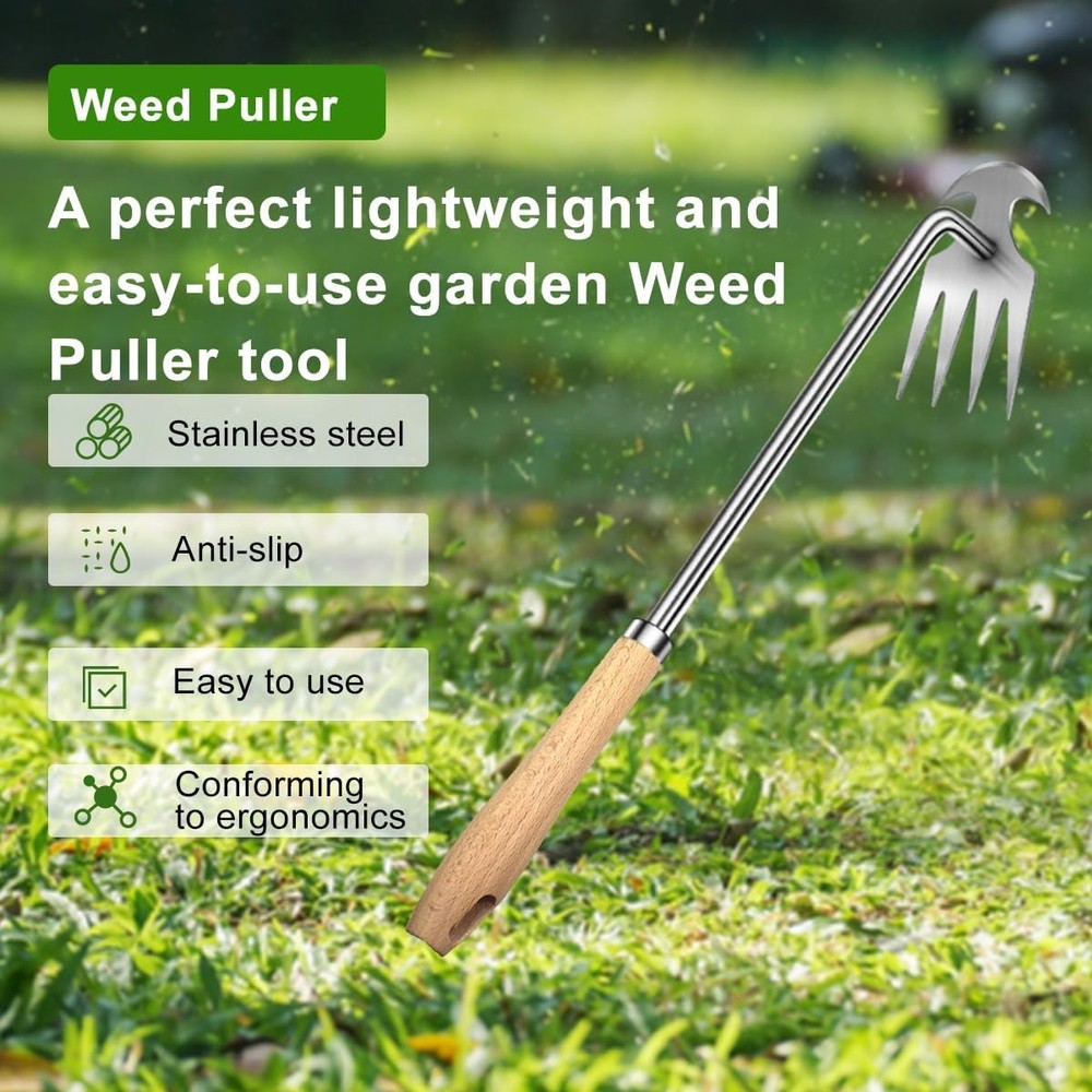 2pack 16inch Weed Puller Tool,Weeding Tool,4 Teeth Stainless Steel Hand Weeder