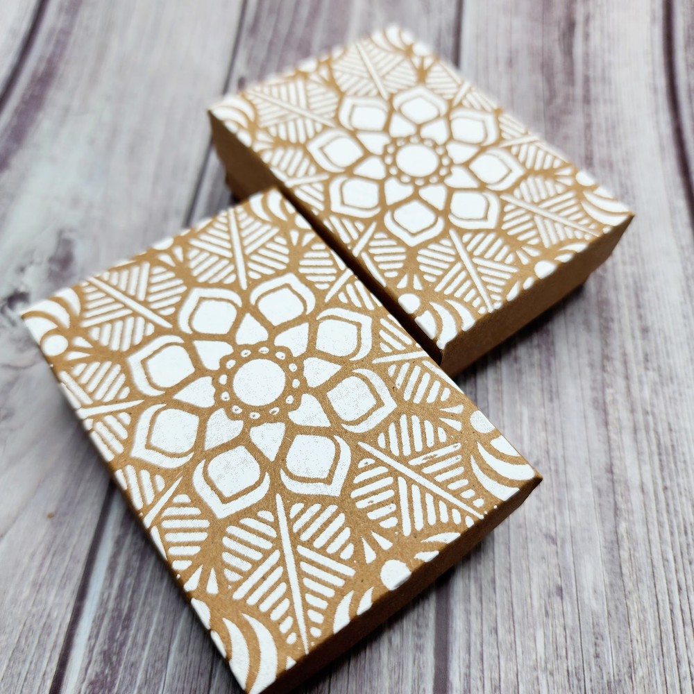 Paper Gift Boxes-Flower Mandala Pattern-Kraft, White Ink-Screen Printed by Hand