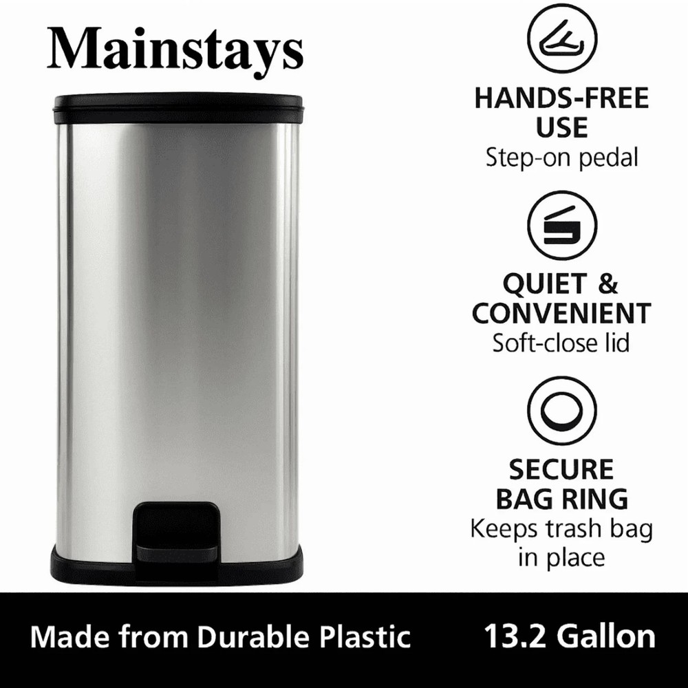 Mainstays Kitchen Trash Can, 13.2 Gallon Plastic Step Garbage Bin with Lid