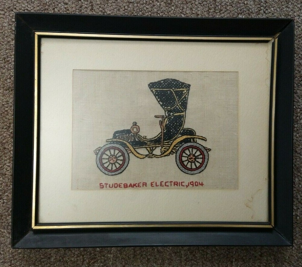 Framed Needlework Cross Stitch Cars - Studebaker Electric,1904 & Buick,1908 2 Pc